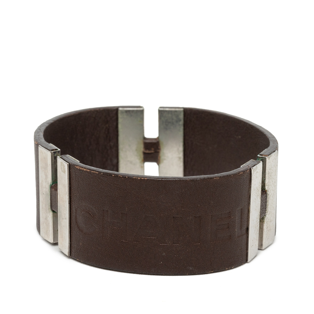 Pre-Loved Chanel Debossed Leather and Brass Logo Cuff Bracelet